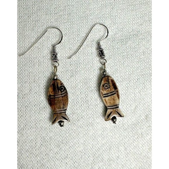 Carved Fish Dangle Earrings - Sterling Ear Hooks - 2 1/4" - Picture 5 of 6